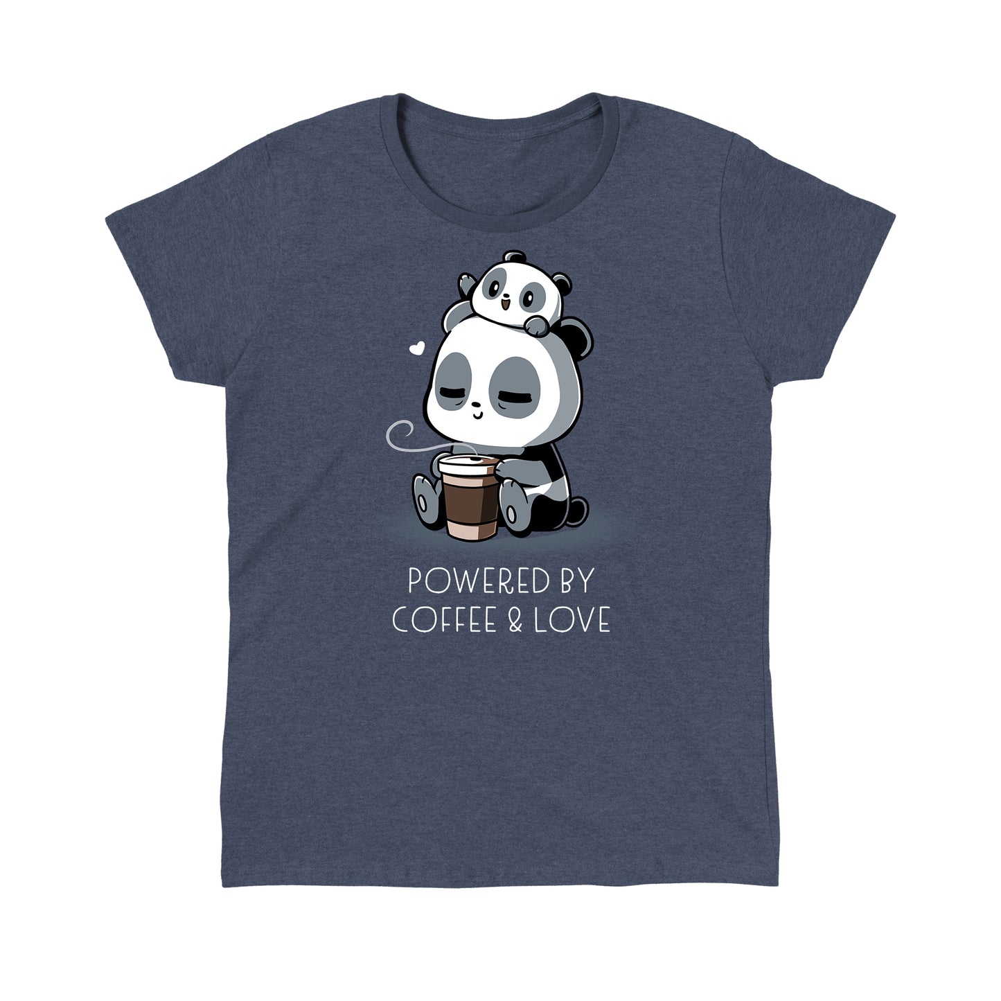 Classic Cotton T-shirt_Teeturtle heather navy Powered by Coffee & Love apparel featuring a sleepy panda holding a coffee cup with a smaller panda on its head. Text below reads, "Powered by Coffee & Love."