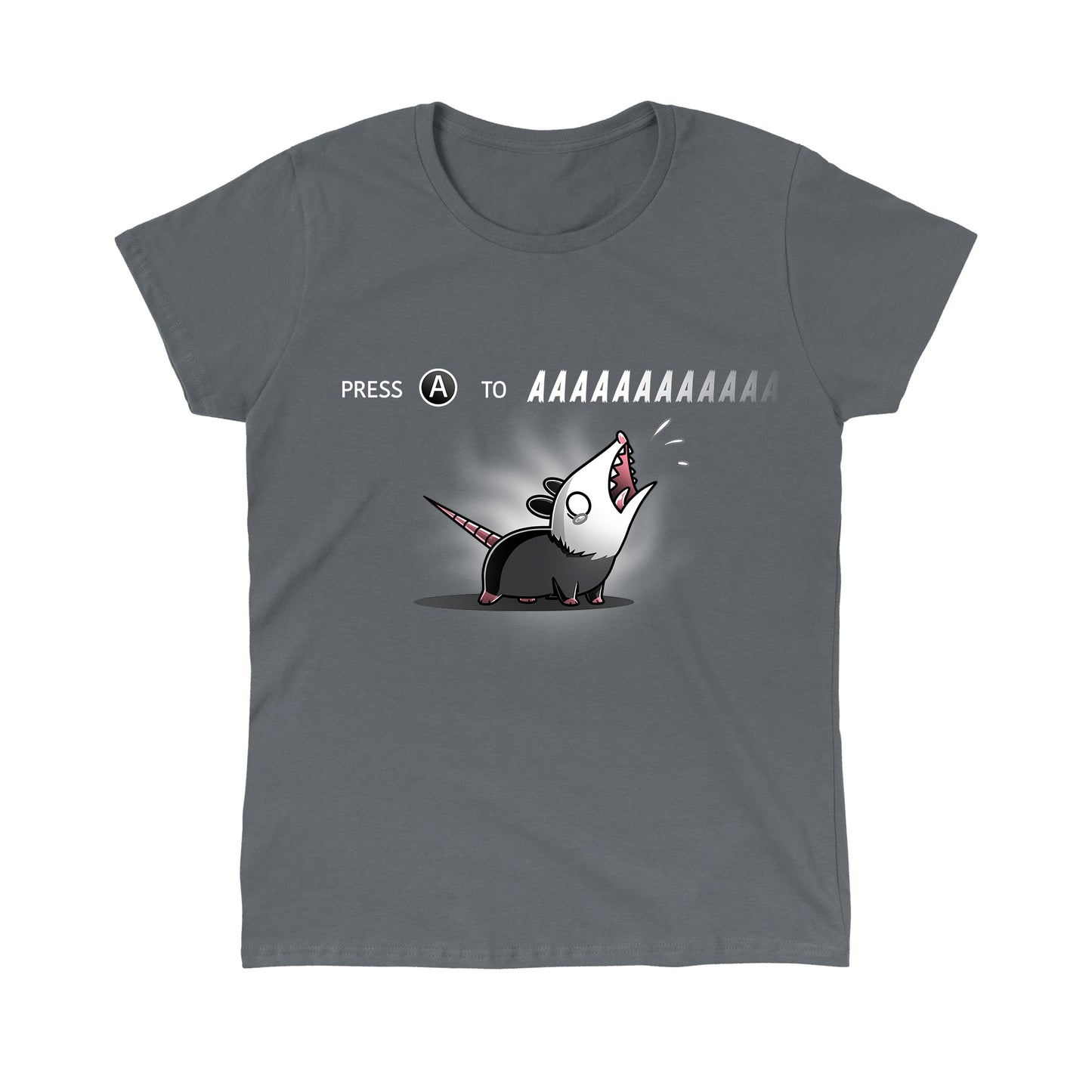 Classic Cotton T-shirt_TeeTurtle Press A to AAAAAAAA charcoal gray t-shirt featuring a cartoon opossum with the words "press to Press A to AAAAAAA" written above the opossum.