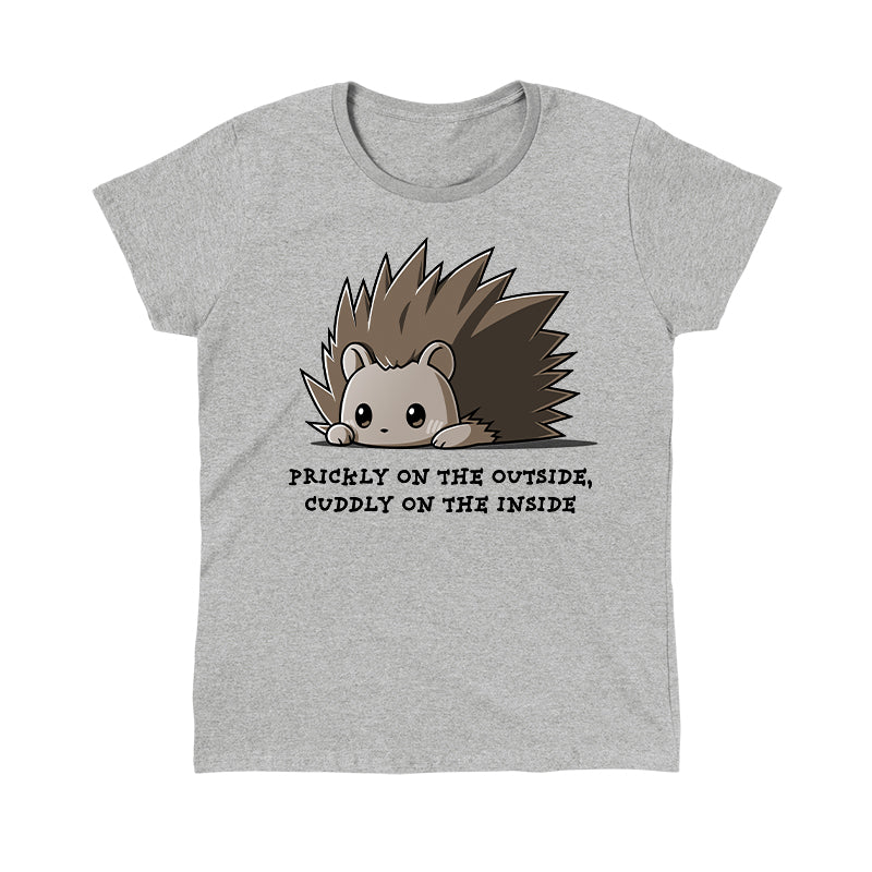 Classic Cotton T-shirt_TeeTurtle Prickly On The Outside, Cuddly On The Inside Monday heather gray t-shirt featuring an adorable little cartoon porcupine with the words 'prickly on the outside, cuddly on the inside.' written beneath.