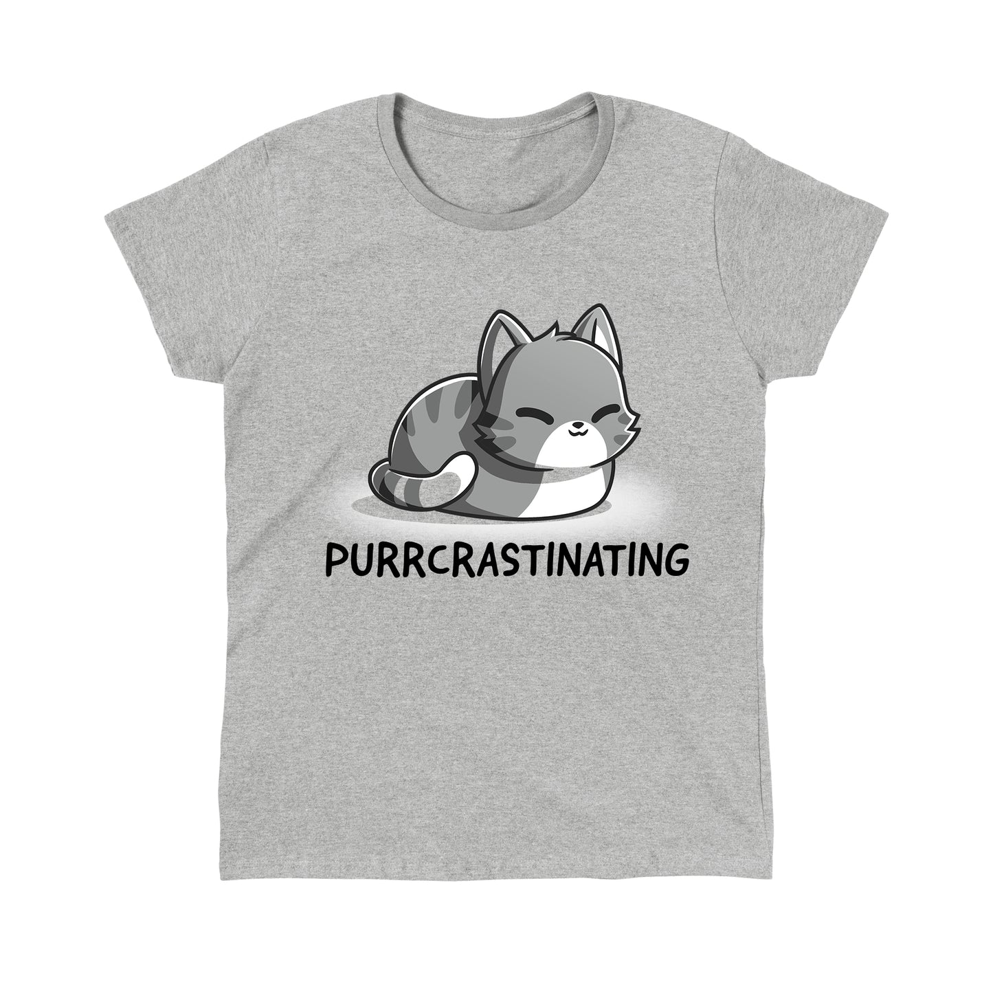 Classic Cotton T-shirt_TeeTurtle Purrcrastinating Heather Gray t-shirt featuring a grayscale illustration of a cat with closed eyes.