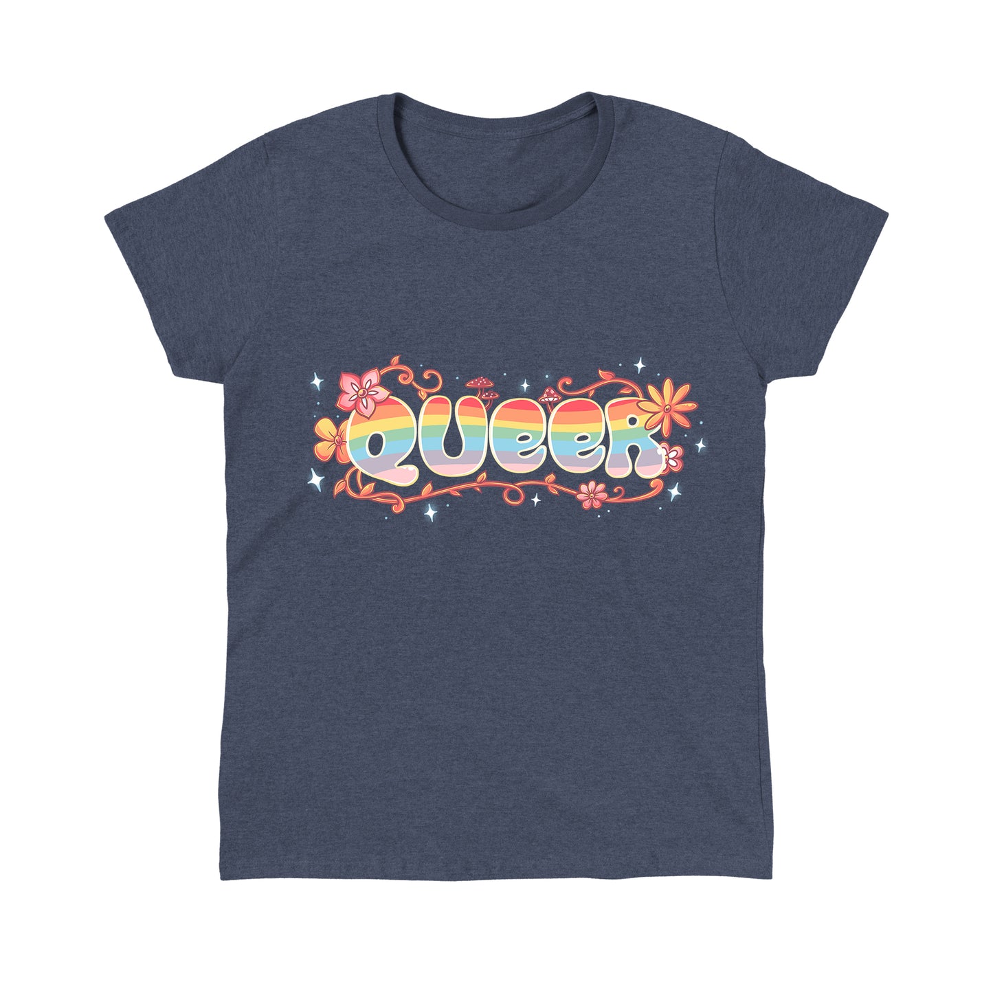 Classic Cotton T-shirt_TeeTurtle heather navy Queer apparel featuring an artistic "queer" word filled with rainbows and surrounded by flowers, vines, and mushrooms.