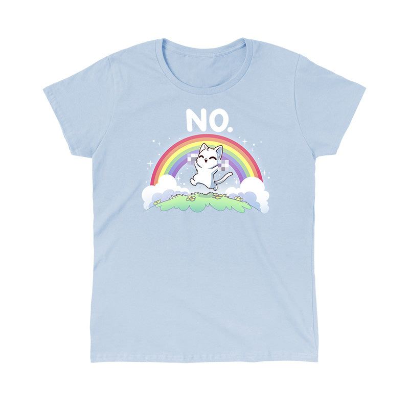 Classic Cotton T-shirt_TeeTurtle light blue Rainbow Cattitude apparel featuring a white cat skipping in a meadow with its paws pixelated to cover it giving the middle finger gesture with a rainbow in the background, and the caption, “NO.“ above.