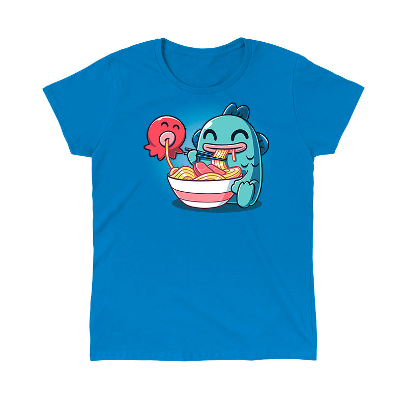 Classic Cotton T-shirt_TeeTurtle sapphire blue Ramen Hangyodon apparel featuring the Sanrio characters Hangyodon and Sayuri eating a large bowl of ramen.