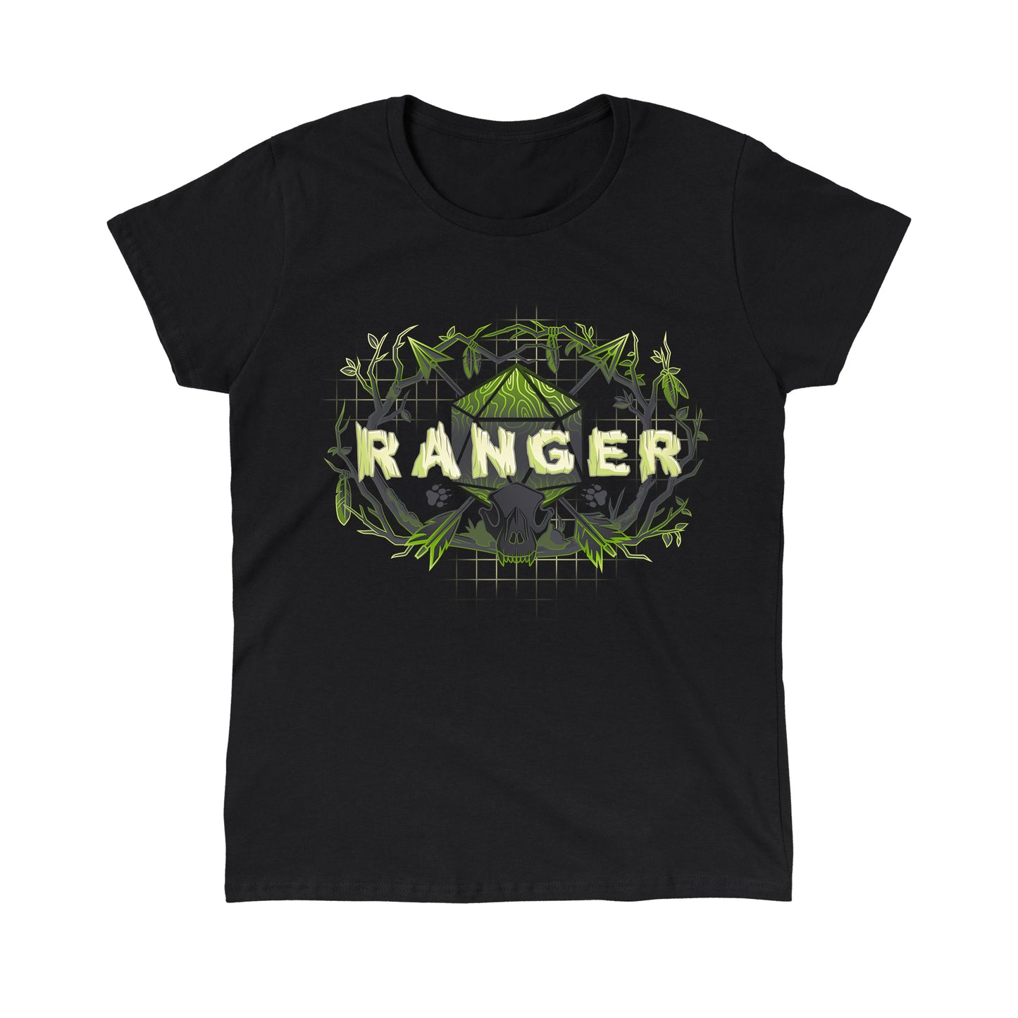 Classic Cotton T-shirt_TeeTurtle black Ranger Class apparel featuring the word 'RANGER' with a D20, arrows, an animal skull, and branches around it.