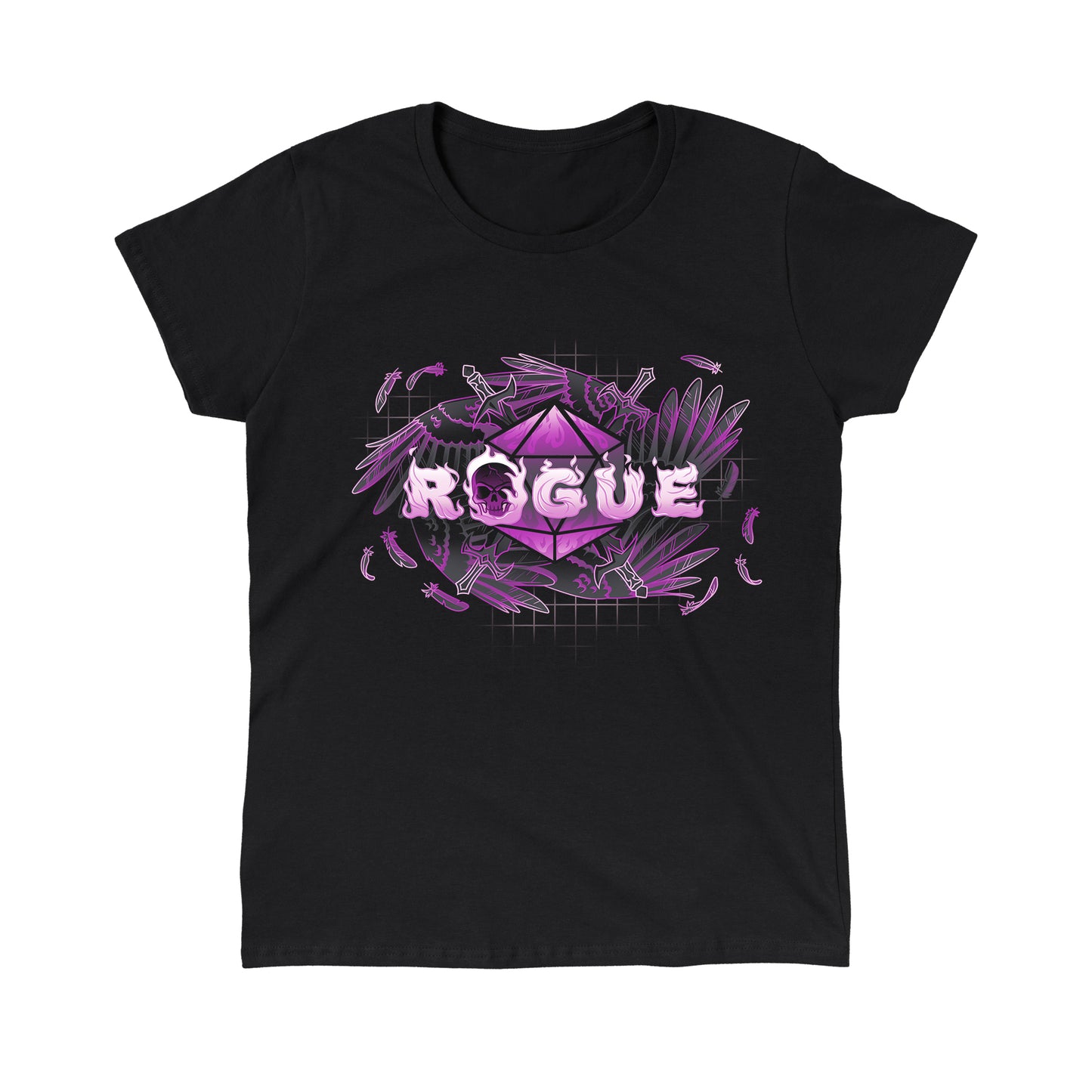 Classic Cotton T-shirt_TeeTurtle black Rogue Class apparel featuring the word 'ROGUE' in flaming font with a D20. skull, swords, and feathered wings around it.