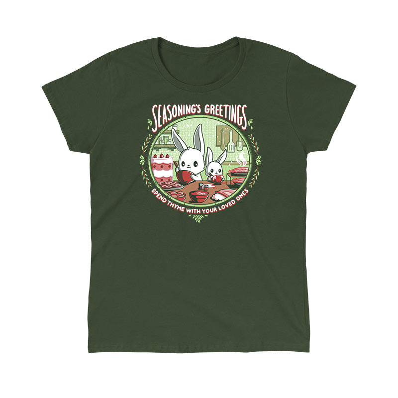 Classic Cotton T-shirt_TeeTurtle Seasoning's Greetings Forest Green t-shirt featuring two cartoon rabbits prepare food in a kitchen with the text "SEASONING'S GREETINGS" above them and "Spend Thyme With Your Loved Ones" below. Holiday baking decorations frame the scene.