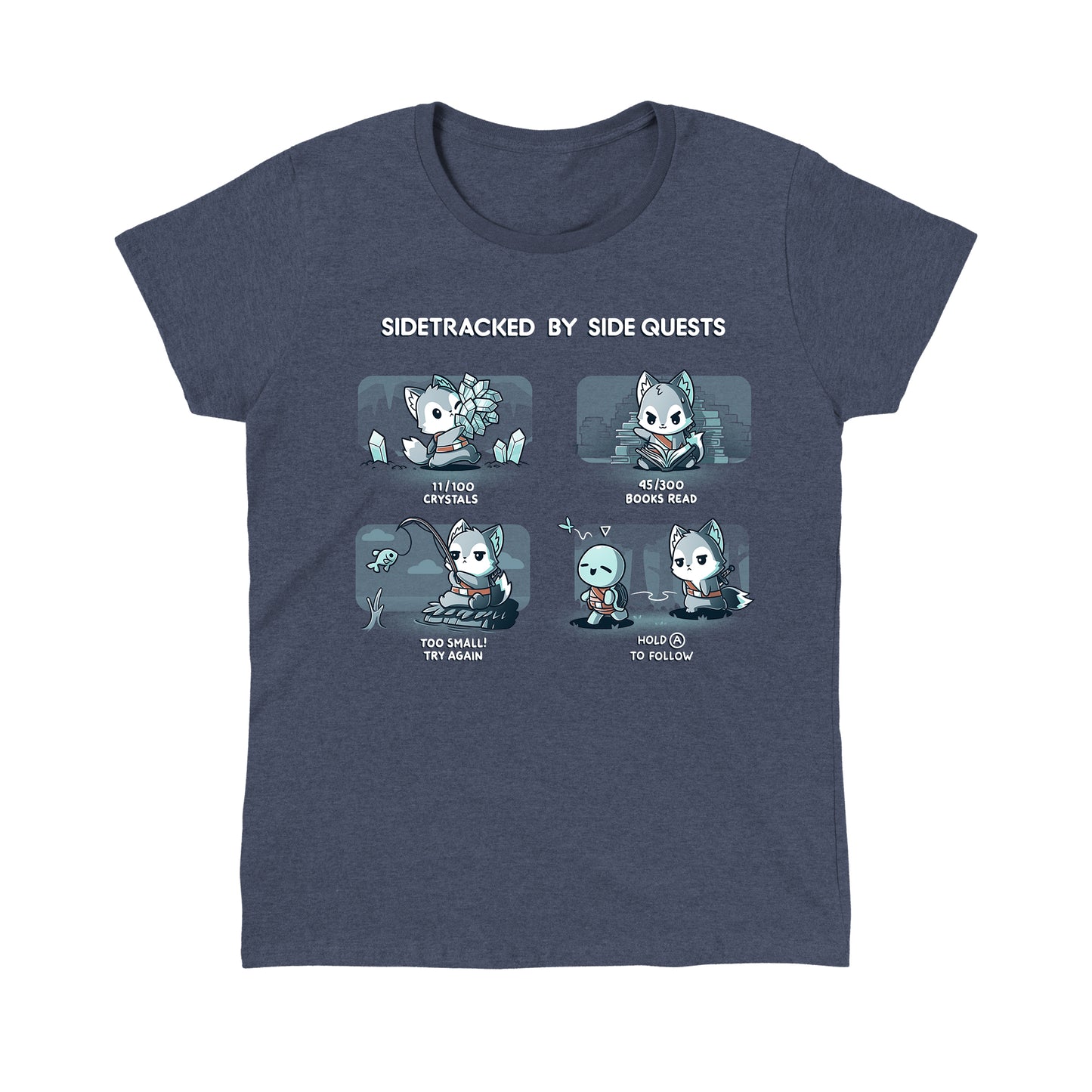 Classic Cotton T-shirt_TeeTurtle heather navy Sidetracked by Side Quests t-shirt featuring a wolf performing various video game side quests.