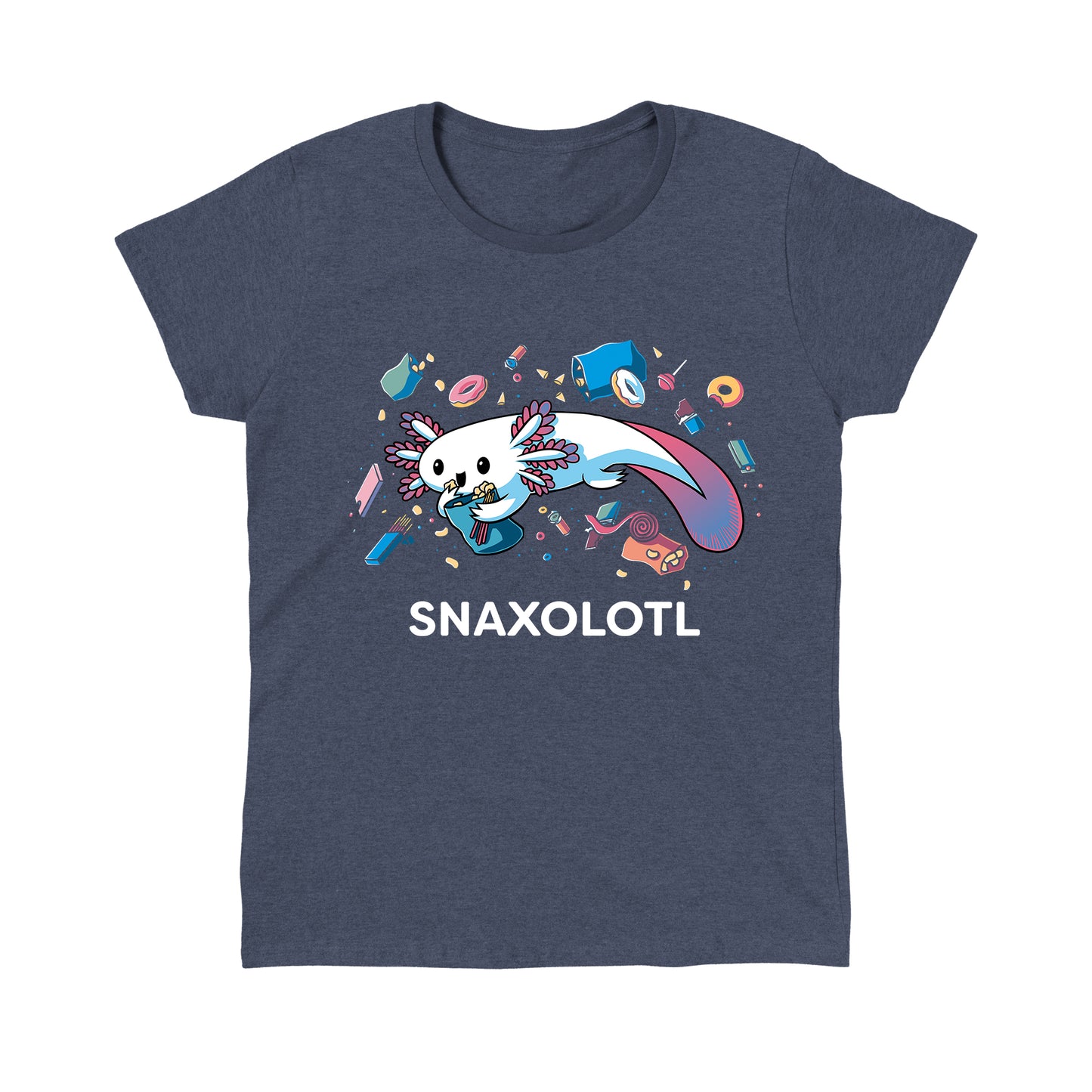 Classic Cotton T-shirt_Teeturtle heather navy Snaxolotl apparel featuring an axolotl surrounded by various floating snacks with the word "SNAXOLOTL" below.