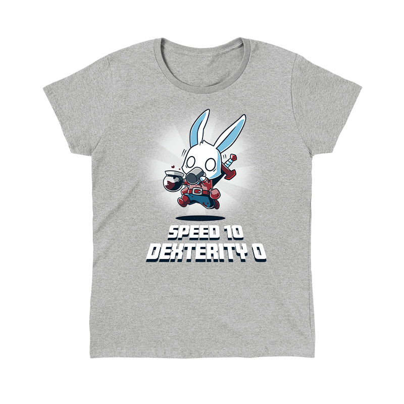 Classic Cotton T-shirt_Teeturtle Speed 10, Dexterity 0 heather gray t-shirt featuring a fantasy adventurer rabbit, their clothes stained with coffee running with jittery eyes while holding a coffee pot and drinking a mug of coffee with the words 'Speed 10 Dexterity 0.' written beneath the image.