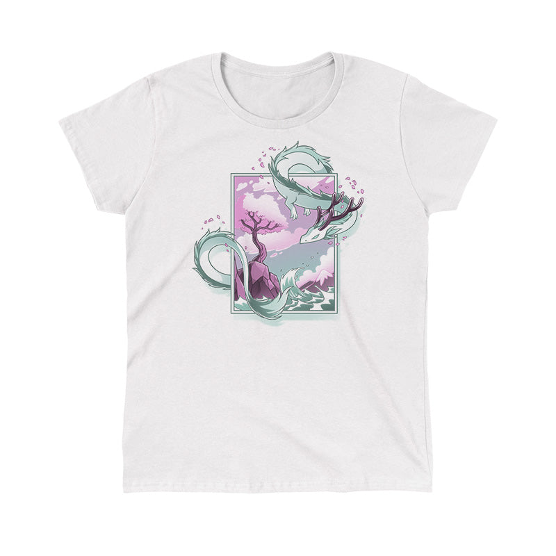 Classic Cotton T-shirt_TeeTurtle white Spring Blossom Dragon apparel featuring an artistic dragon surrounding a painting of a cherry blossom tree on a cliff next to the ocean.