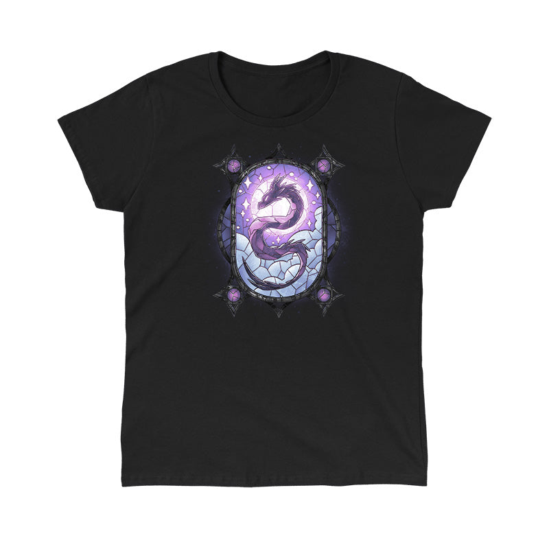 Classic Cotton T-shirt_TeeTurtle Stained Glass Dragon black t-shirt featuring an illustration of a purple dragon in a stain glass with blue clouds and a purple sky with the dragon's head in the sun and its body spiraling throughout the design.