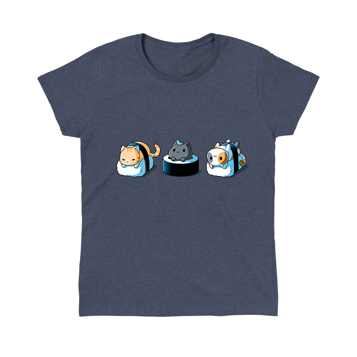 Classic Cotton T-shirt_Teeturtle heather navy Sushi Cats apparel featuring three cats styled as sushi: the left cat wrapped in seaweed on rice, the middle cat atop a rice and seaweed base, and the right cat wrapped in seaweed on rice.