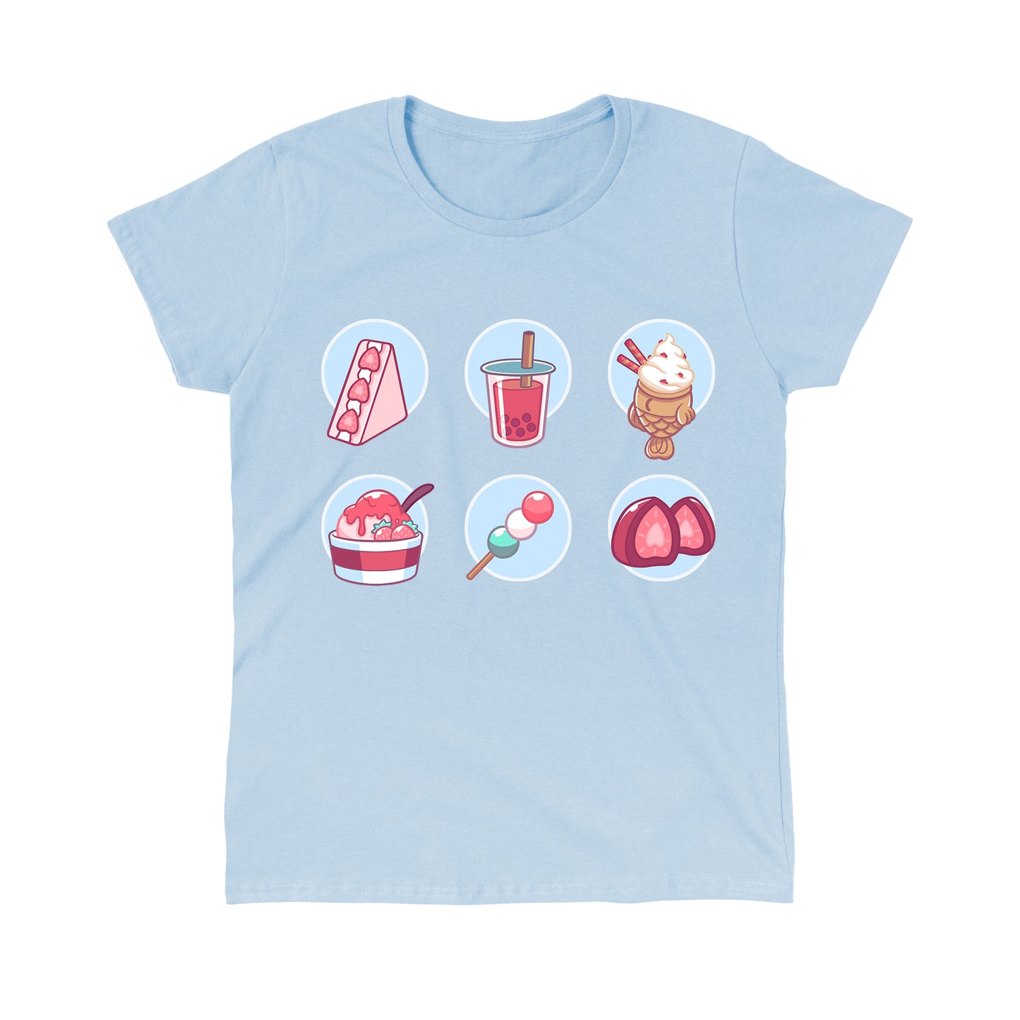Classic Cotton T-shirt_ Sweet Treats light blue t-shirt featuring an illustration of various sweets, such as a triangular strawberry cheesecake, pink boba drink, strawberry ice cream, a vanilla milkshake, a small stick of pink, white and green mochi balls, and a strawberry candy.