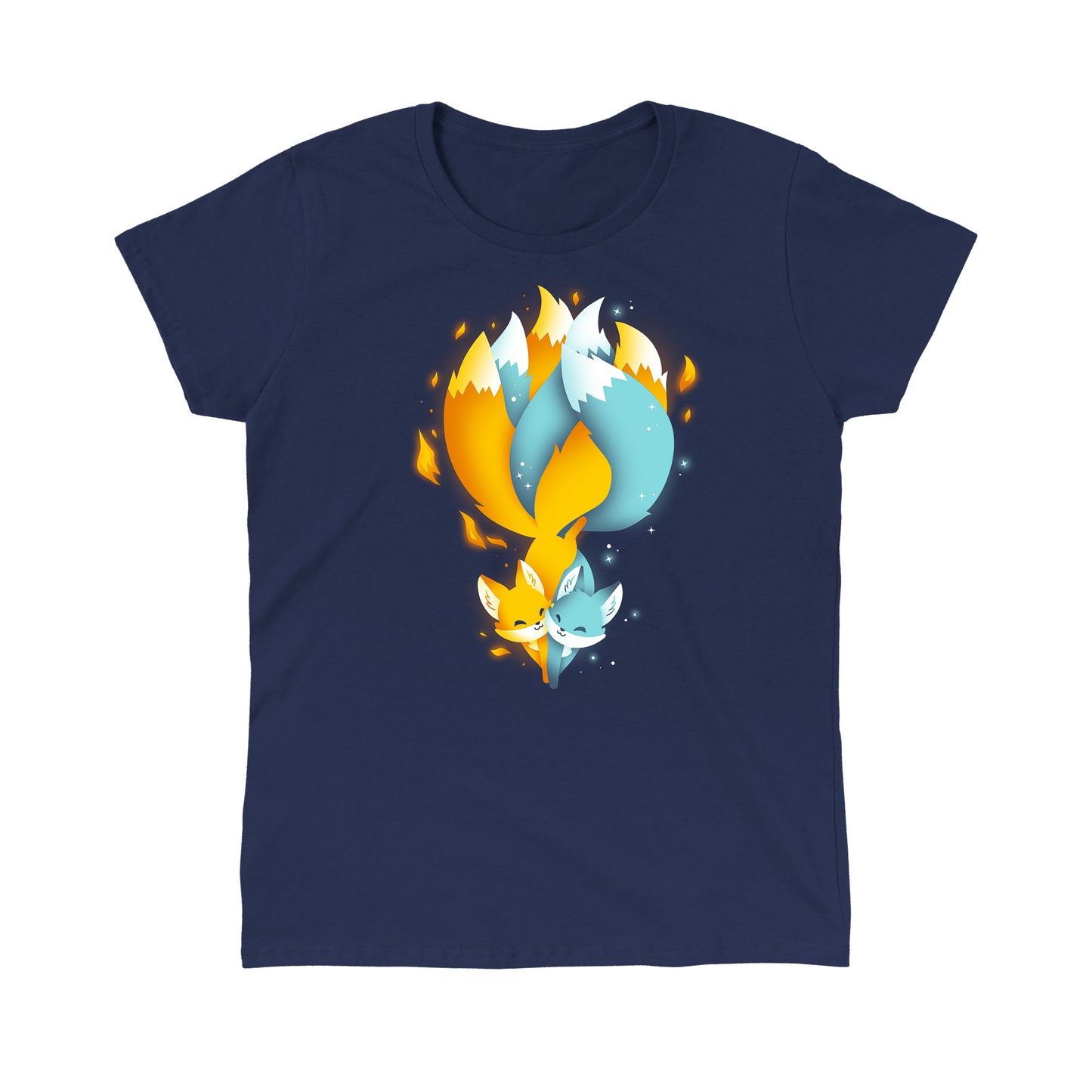 Classic Cotton T-shirt_TeeTurtle Tails of Fire and Ice navy blue t-shirt featuring an orange and blue kitsune with their tails interlocked with flames and ice sparkles surrounding them.