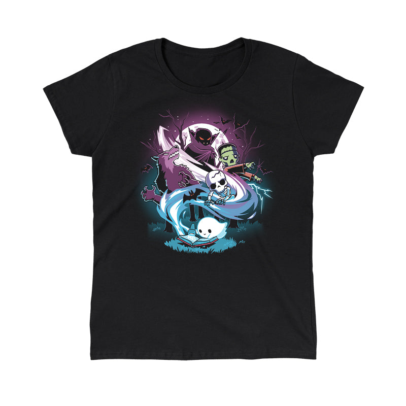 Classic Cotton T-shirt_TeeTurtle Tales of Horror black t-shirt featuring a little ghost reading in the forest by flashlight with a swirl of characters coming out of their book including a werewolf, Frakenstein, a vampire, and a skeleton