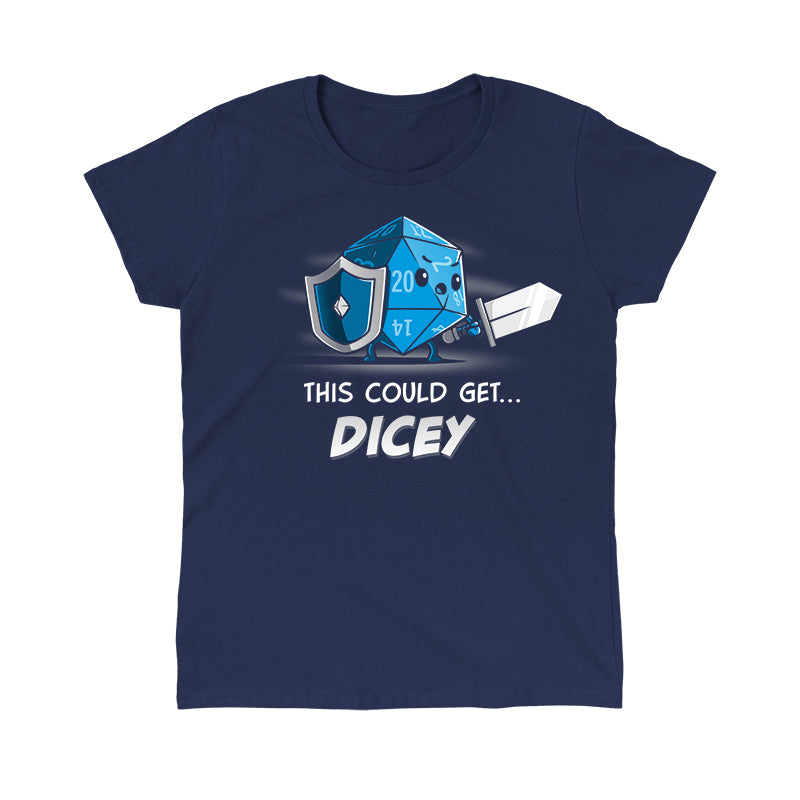 Classic Cotton T-shirt_TeeTurtle This Could Get Dicey navy blue t-shirt featuring a blue anthropomorphic 20-sided dice holding a shield and sword. The text below reads, "This Could Get Dicey."