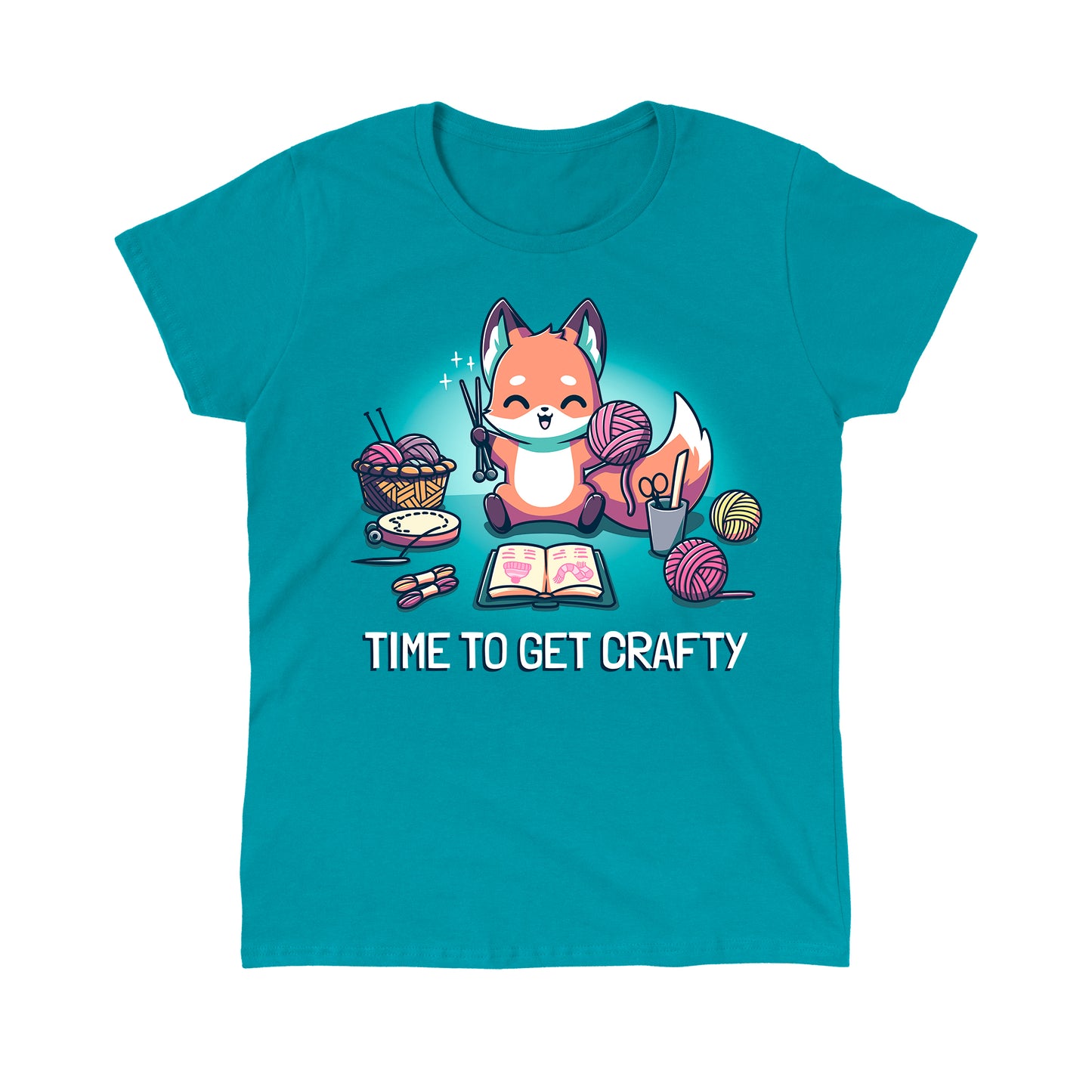 Classic Cotton T-shirt_TeeTurtle Time To Get Crafty Tropical Blue t-shirt featuring an artistic happy fox holding yarn and crochet hooks surrounded by various crafting supplies.