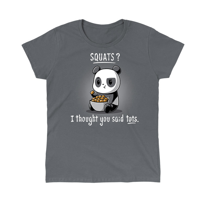 Classic Cotton T-shirt_TeeTurtle Tots Greater Than Squats charcoal grey t-shirt featuring a panda holding a bowl of tater tots.