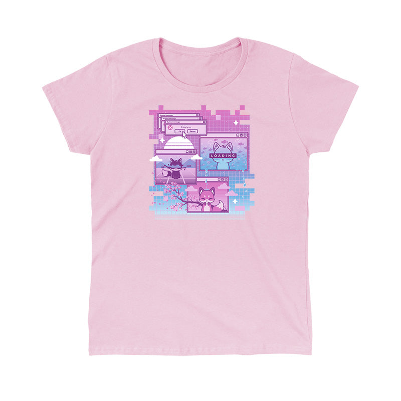 Classic Cotton T-shirt_TeeTurtle light pink Vaporwave Fox apparel featuring a pixelated computer screen with 3 windows open with foxes on them and multiple critical error system messages.