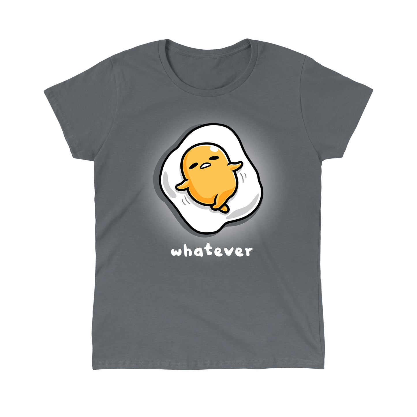 Classic Cotton T-shirt_TeeTurtle charcoal gray Whatever apparel featuring Gudetama with a tired expression lying down as an egg yolk on top of an egg white.