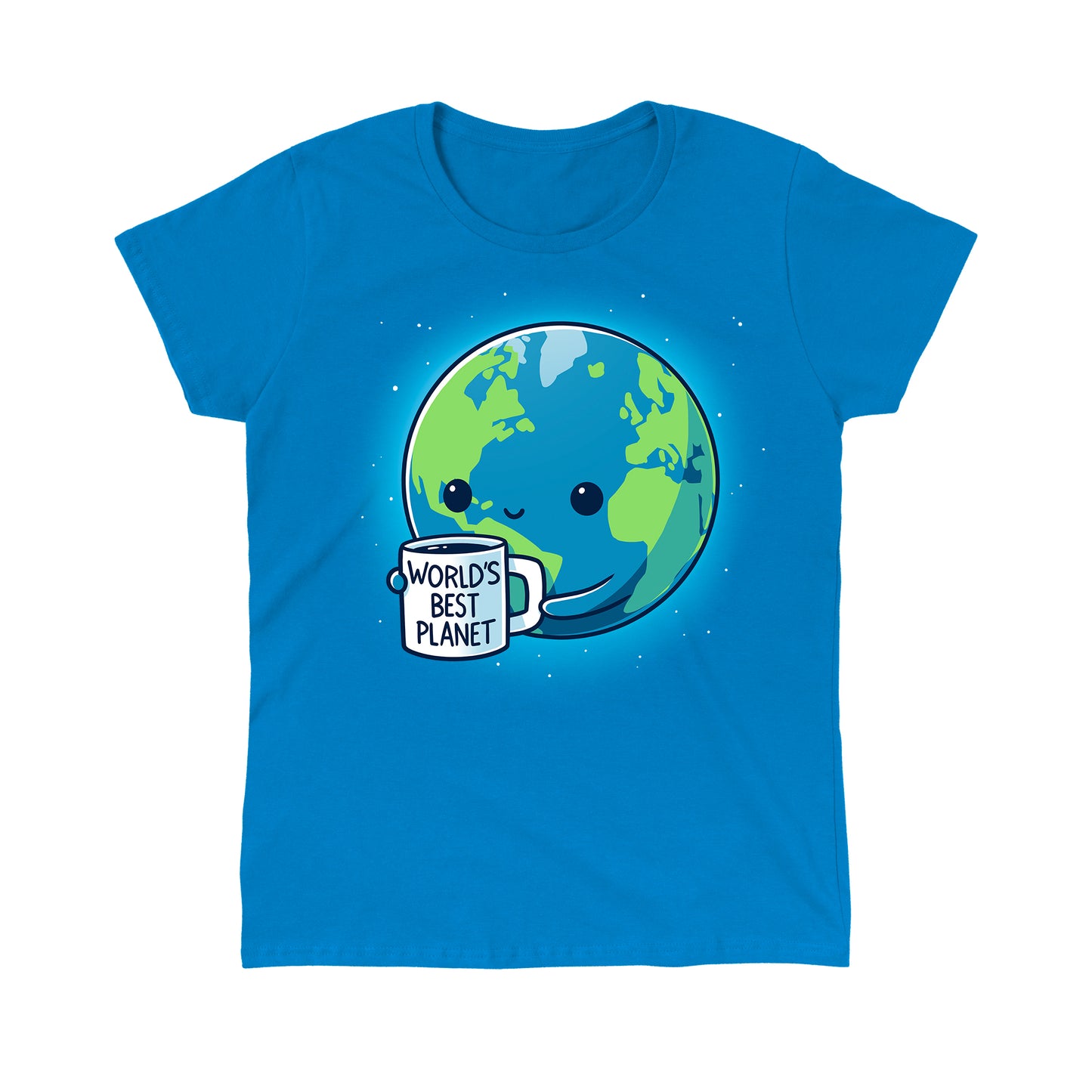 Classic Cotton T-shirt_Teeturtle World's Best Planet Sapphire Blue Featuring a cute cartoon-styled Earth holding a mug that reads 'World's Best Planet'.