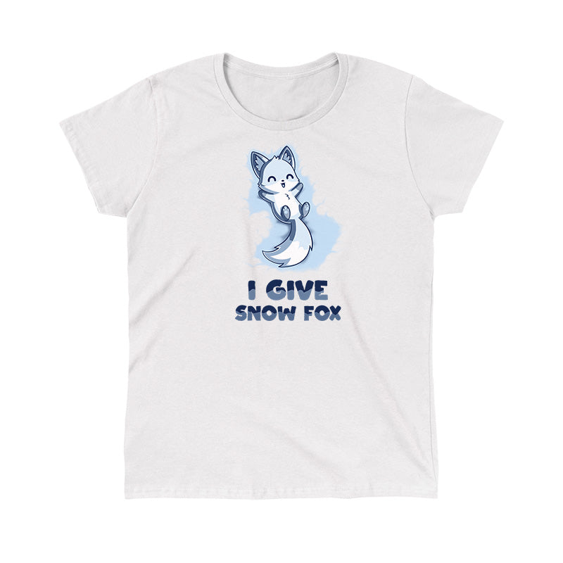 Classic Cotton T-shirt_TeeTurtle white I Give Snow Fox apparel featuring a happy white fox lying on its back in the snow, caption reads 'I give snow fox'.