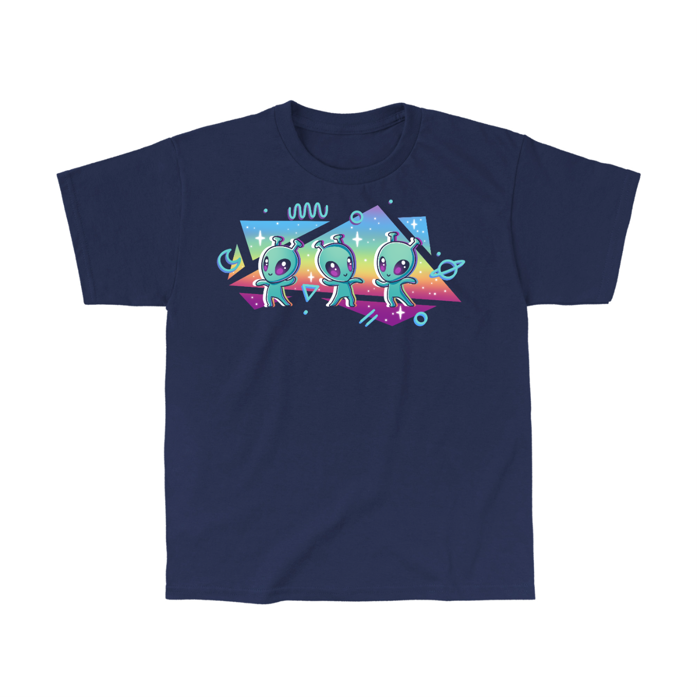 Classic Cotton T-shirt_TeeTurtle navy "Interstellar Pride" Classic Cotton T-shirt featuring three cut aliens dancing in front of geometric shapes filled with a rainbow gradient