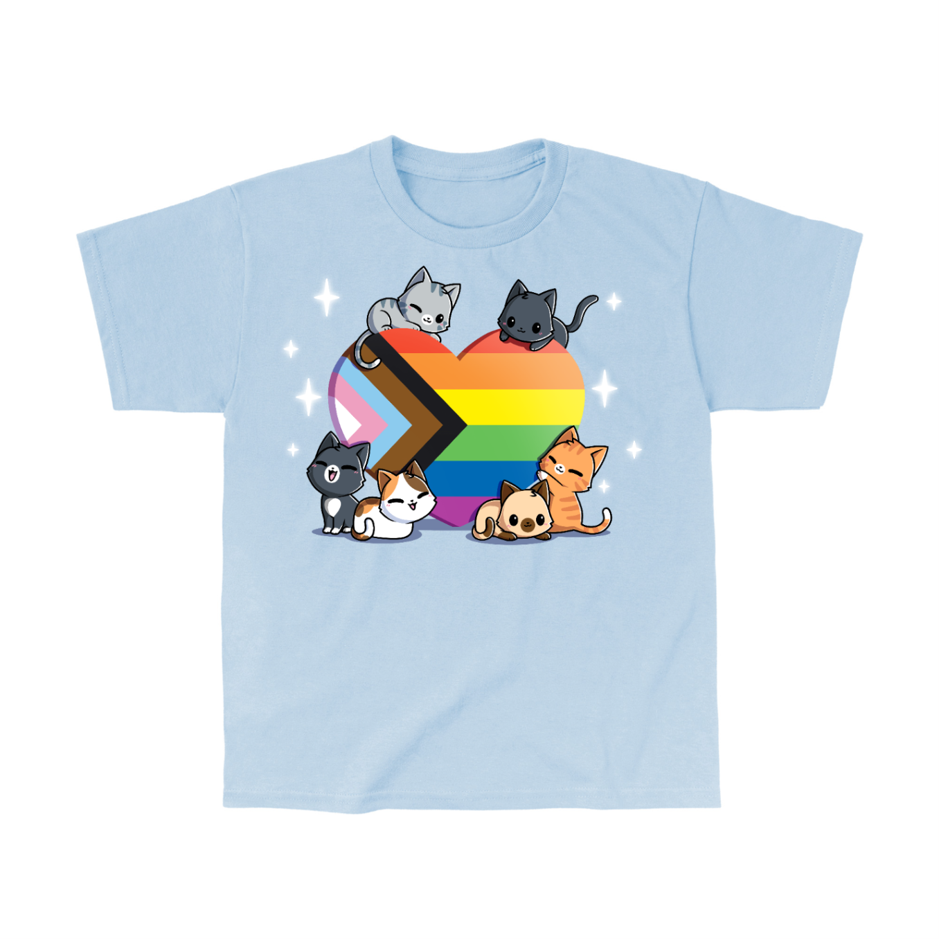 Classic Cotton T-shirt_TeeTurtle light blue Progress Purride Classic Cotton T-shirt featuring six different cats on or around a heart that is the colors of the progress pride flag. There are sparkles around them and all the cats look happy.