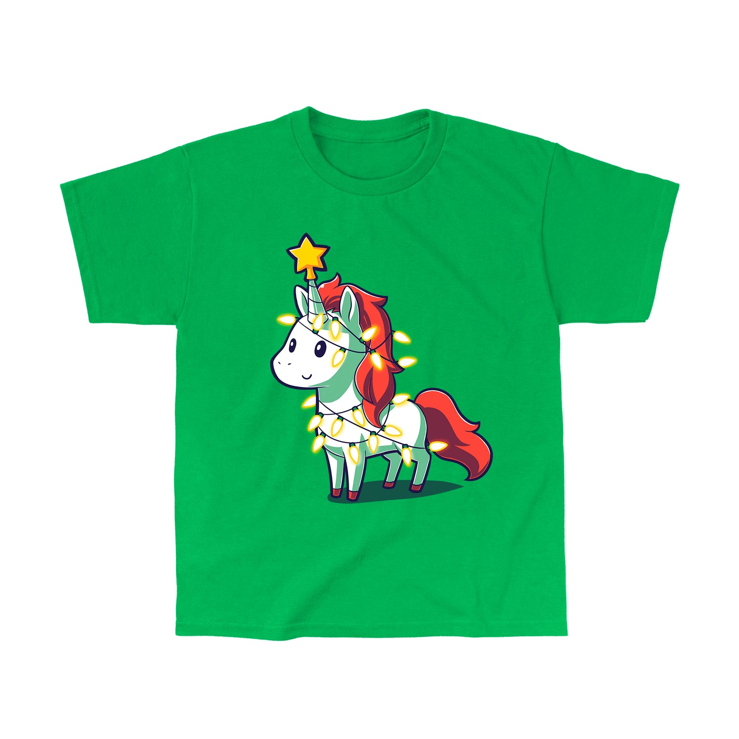 Classic Cotton T-shirt_TeeTurtle A Unicorny Christmas irish green t-shirt featuring a white unicorn with red mane and tail with a star on its horn and Christmas lights around it.