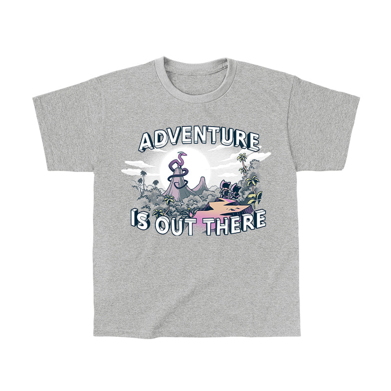 Classic Cotton T-shirt_TeeTurtle Adventure is Out There heather gray t-shirt featuring a jungle landscape with a pair of cute cats in adventuring backpacks on a cliff gazing over it towards a pair of mountains rising out of the jungle with a serpentine dragon standing upon one of the peaks. 'Adventure Is Out There' is written above and below the image.