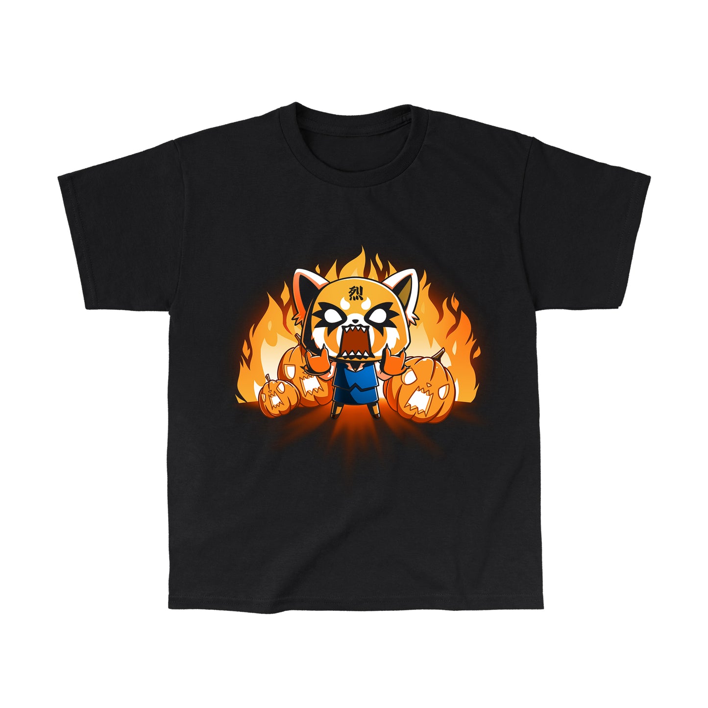 Classic Cotton T-shirt_TeeTurtle black Aggretsuko's Happy Halloween apparel featuring an enraged Aggretsuko with her paws in a Rumic sign pose with angry jack-o-lanterns and flames in the background.