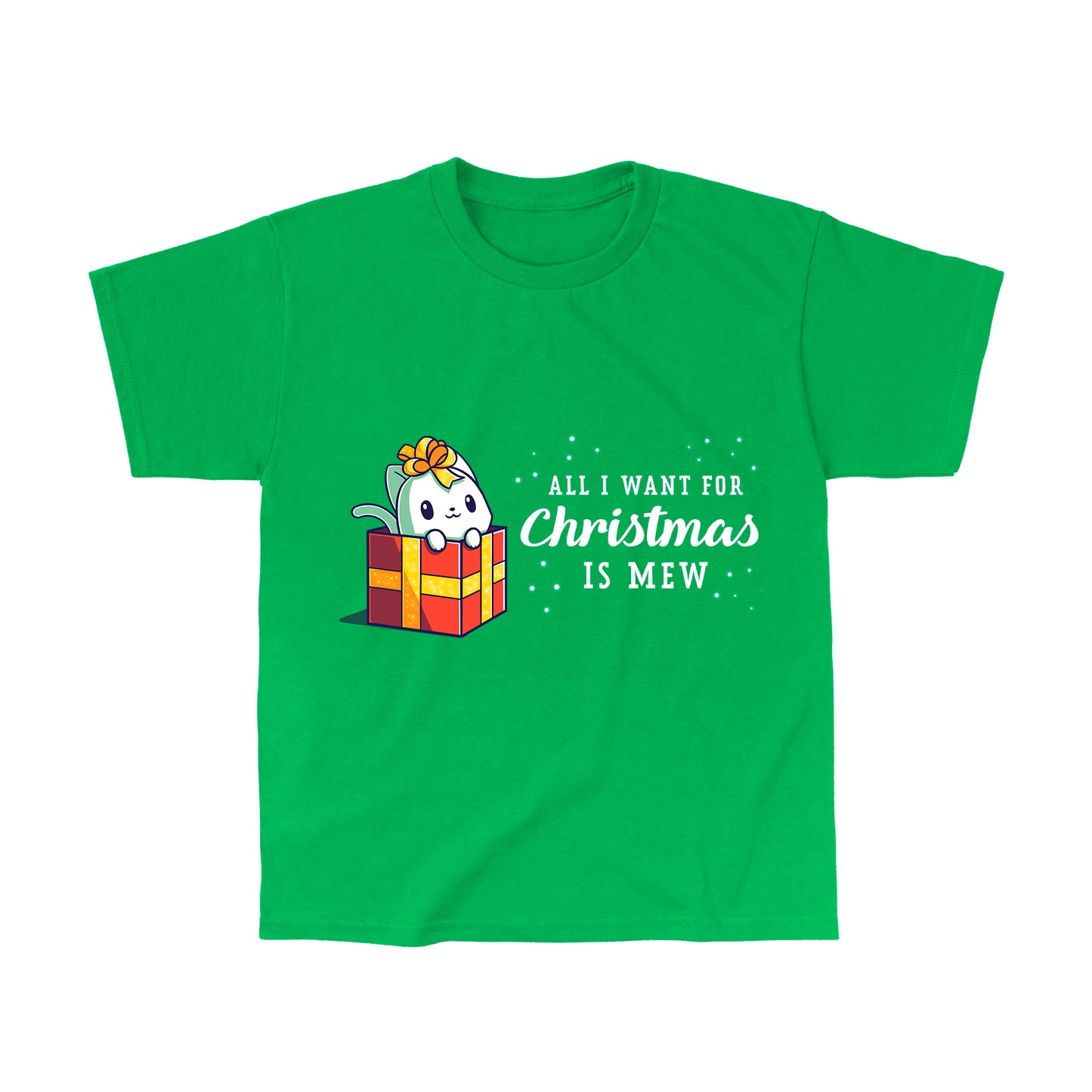 Classic Cotton T-shirt_TeeTurtle All I want for Christmas is Mew irish green t-shirt featuring a white cat dressed up as a Christmas present with a pun next to it.