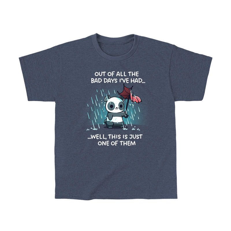 Classic Cotton T-shirt_TeeTurtle heather navy Just Another Bad Day apparel featuring an anxious panda holding a blown-out umbrella in a rainstorm with the caption, “Out of all the bad days I’ve had… well, this is just one of them“.