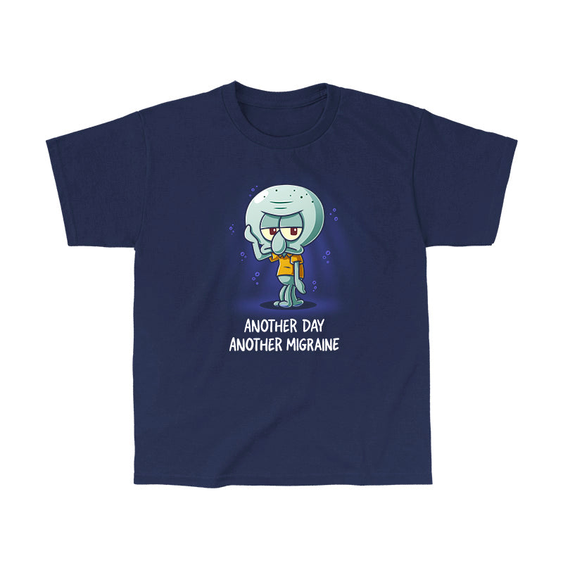 Classic Cotton T-shirt_TeeTurtle navy blue Another Day Another Migraine apparel featuring Squidward with a grumpy expression holding a tentacle to his forehead.