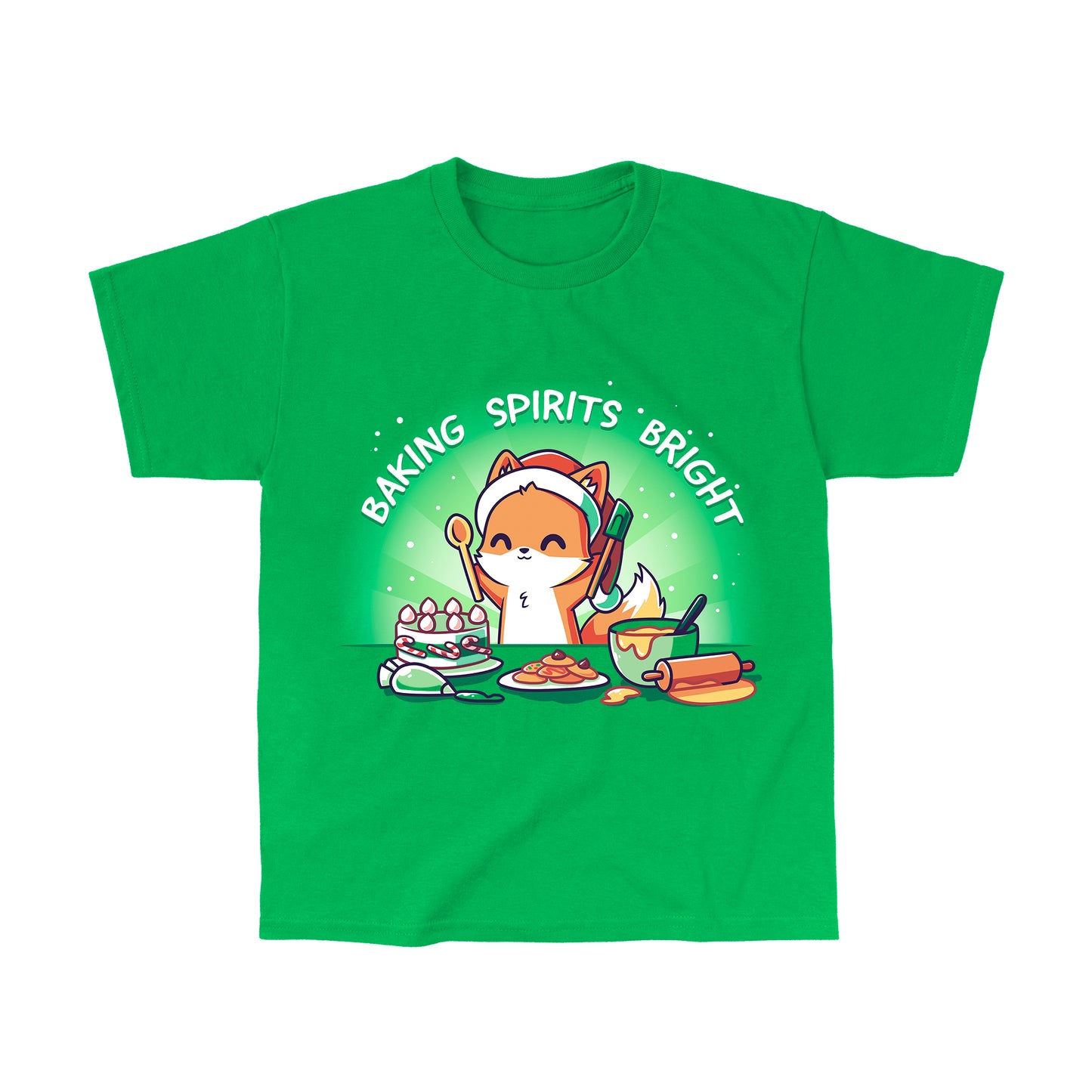 Classic Cotton T-shirt_TeeTurtle Baking Spirits Bright irish green t-shirt featuring a happy fox in a Santa hat surrounded by baked goods and a pun over top.