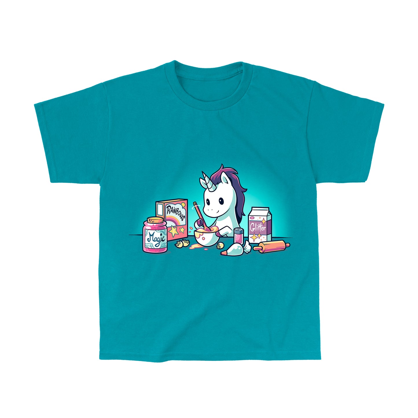 Classic Cotton T-shirt_Teeturtle Baking Unicorn Tropical Blue t-shirt Featuring a Unicorn baking with the ingredients of Magic, Rainbows and Glitter.