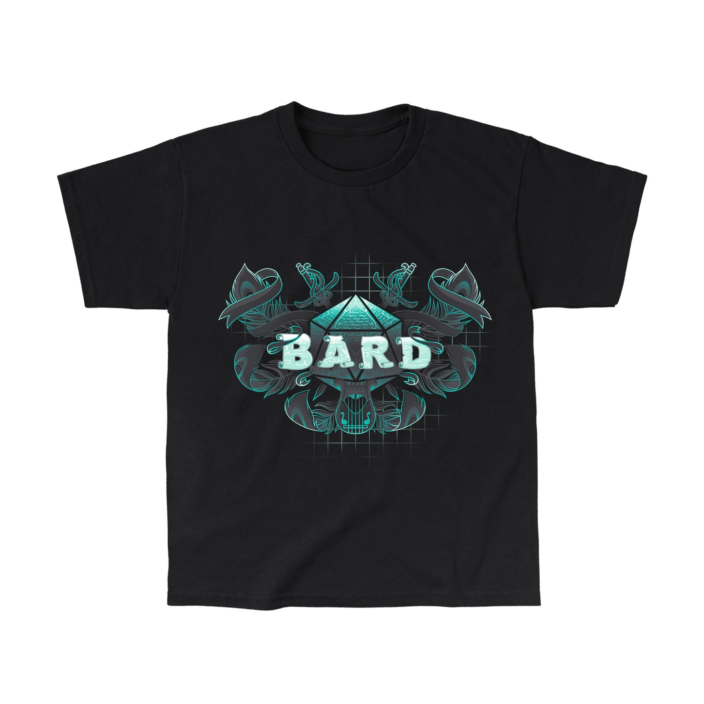 Classic Cotton T-shirt_TeeTurtle Bard Class black t-shirt featuring an artistic "Bard" word in front of a D20 device with swords going through and feathers around it and a lyre at the bottom.