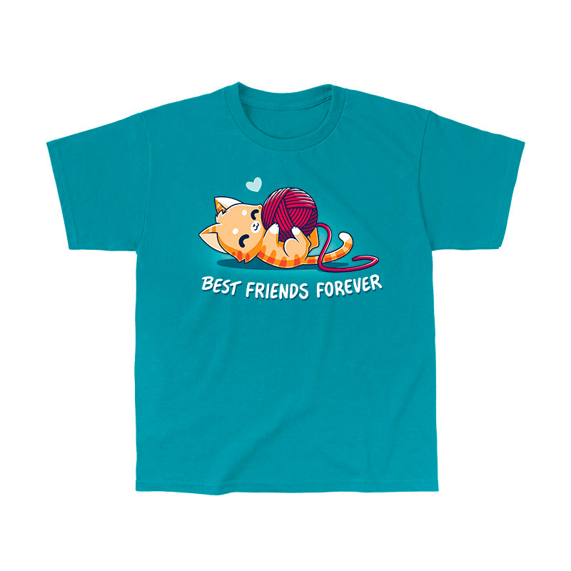 Classic Cotton T-shirt_TeeTurtle tropical blue Best Friends Forever apparel featuring an orange cat on its back holding a large ball of red yarn.