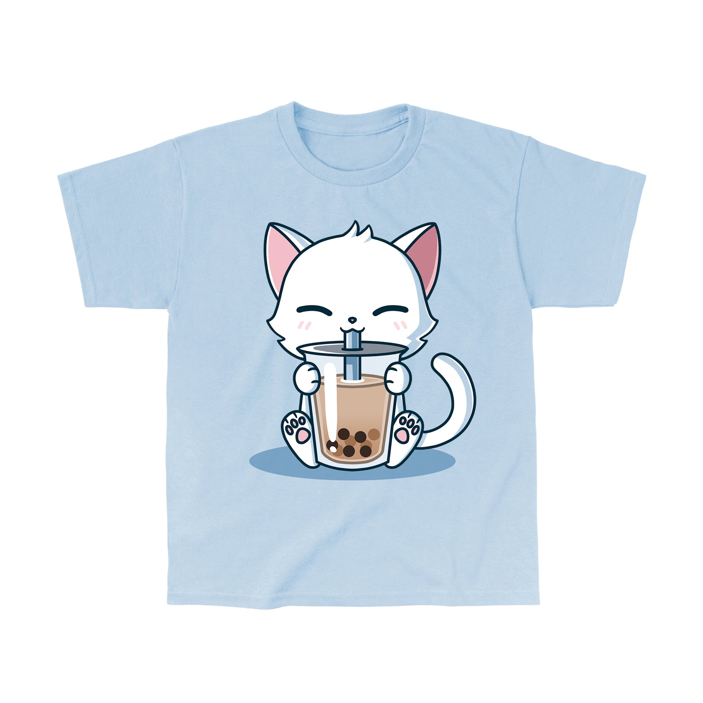 Classic Cotton T-shirt_TeeTurtle Boba Cat light blue t-shirt featuring a white cat contently sipping a brown boba drink.