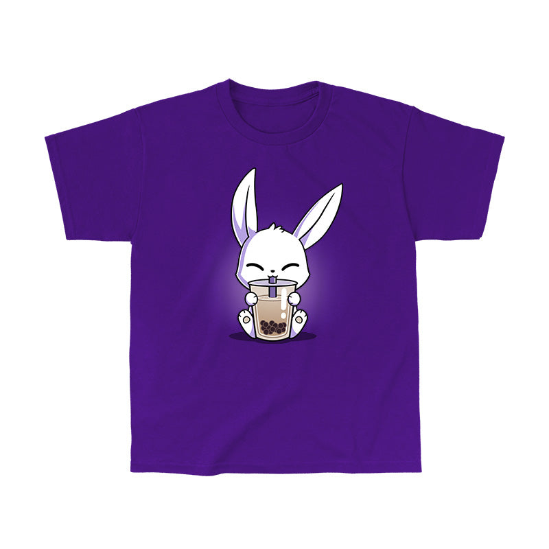 Classic Cotton T-shirt_Teeturtle Boba Bunny purple t-shirt featuring a cute white-furred bunny happily sipping a cup of Boba Tea.