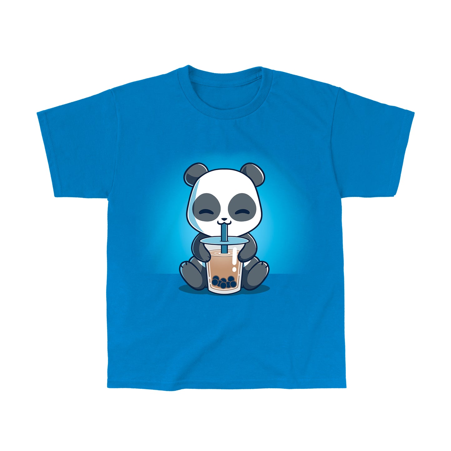 Classic Cotton T-shirt_TeeTurtle Boba Panda sapphire blue t-shirt featuring a panda sitting and happily drinking bubble tea with a straw from a large cup.