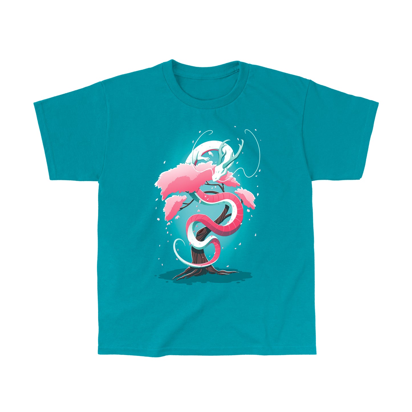Classic Cotton T-shirt_TeeTurtle Cherry Blossom Dragon Tropical Blue t-shirt featuring a magical artistic dragon made of cherry blossom flowers going up a tree.