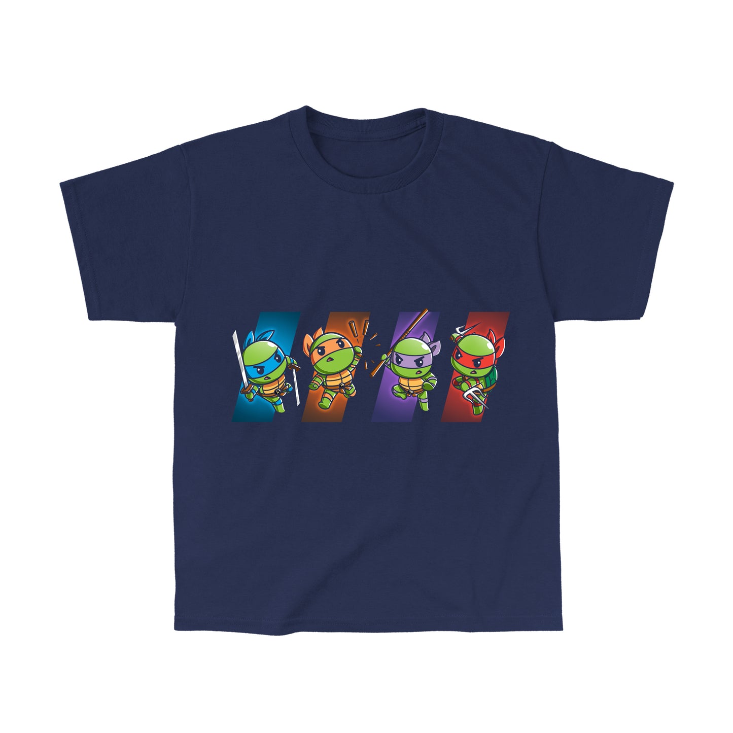 Classic Cotton T-shirt_TeeTurtle navy blue Choose Your Character: Teenage Mutant Ninja Turtles apparel featuring Raphael, Leonardo, Michelangelo, and Donatello in dynamic poses on colored backgrounds corresponding to their personal colors.