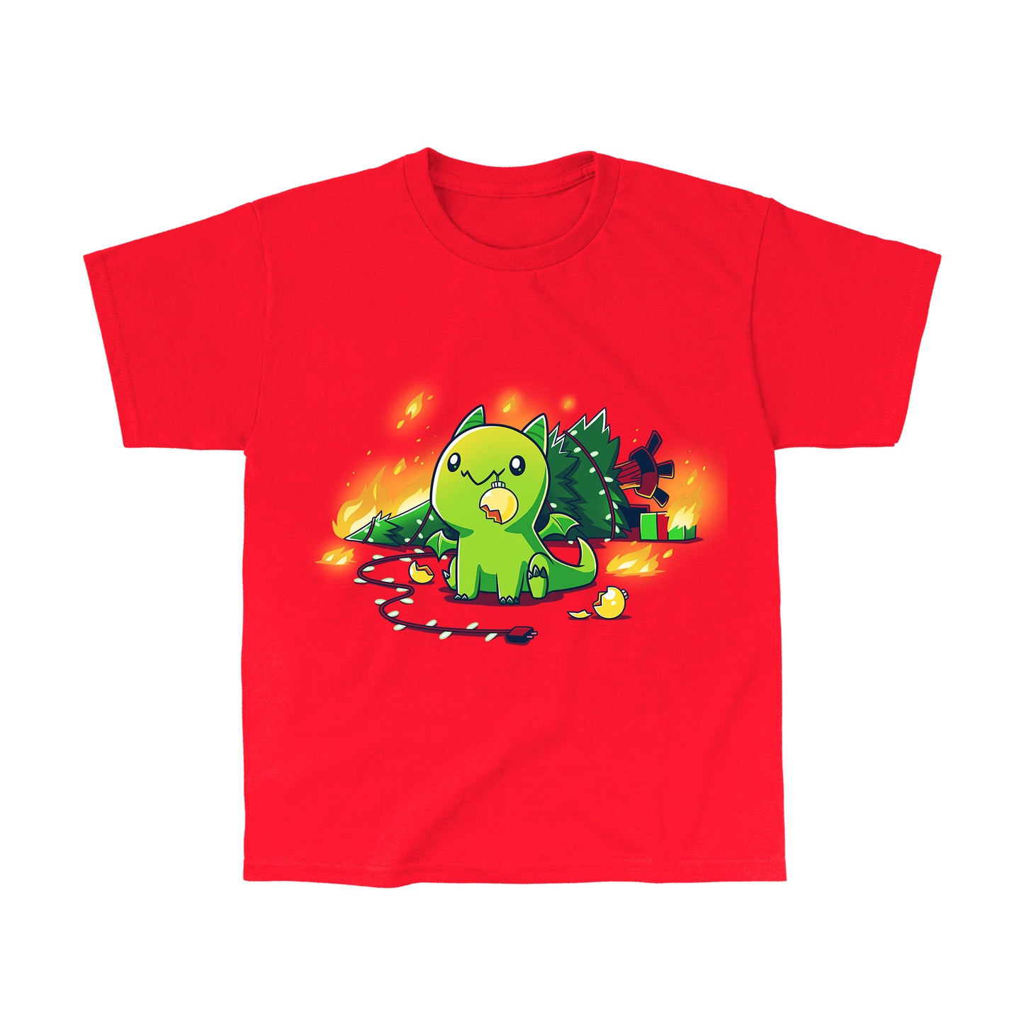 Classic Cotton T-shirt_TeeTurtle Christmas Dragon red t-shirt featuring a cute green dragon with a broken ornament hanging from its mouth and a Christmas tree on fire behind it.