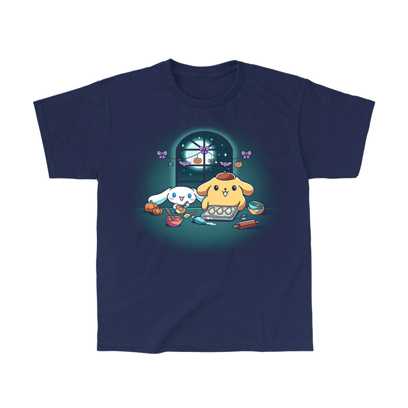 Classic Cotton T-shirt_TeeTurtle navy blue Cinnamoroll and Pompompurin's Halloween Baking apparel featuring Cinnamoroll and Pompompurin baking ghost cookies with pumpkins and Halloween hanging decoration in the back on top of the window that looks out to the full moon and stars.