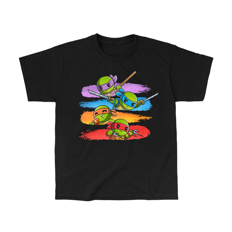 Classic Cotton T-shirt_TeeTurtle black Colorful Teenage Mutant Ninja Turtles apparel featuring Donatello, Leonardo, and Raphael wielding their respective weapons, and Michelangelo eating pizza with individual backgrounds of color-coordinated brush strokes.
