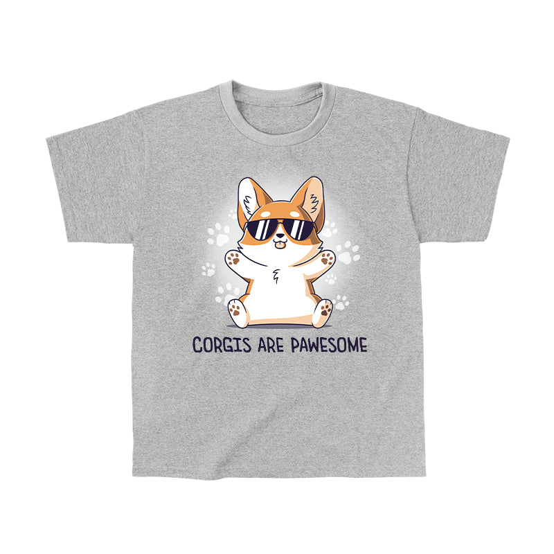 Classic Cotton T-shirt_TeeTurtle Corgis Are Pawsome Heather Gray t-shirt featuring an illustration of a corgi wearing sunglasses with its tongue out, sitting and smiling. The background has paw prints and the text "Corgis are PAWESOME" is written at the bottom.