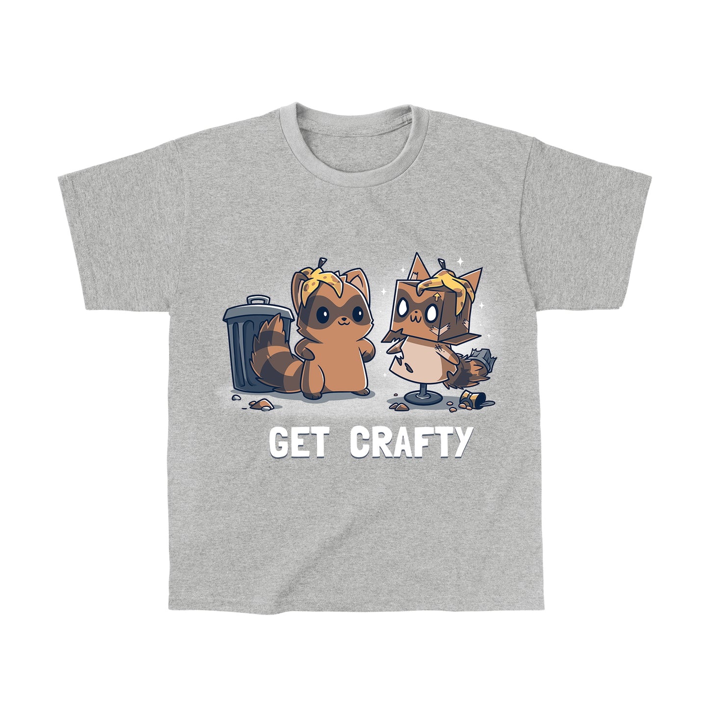 Classic Cotton T-shirt_TeeTurtle Crafty Raccoon heather gray t-shirt featuring a raccoon standing in front of a trash can looking pleased at a sculpture it created of itself out of trash with the words "GET CRAFTY" written below.