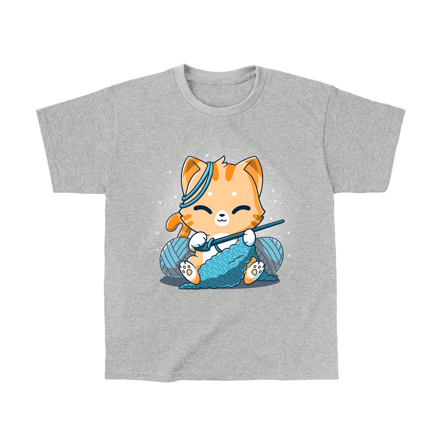 Classic Cotton T-shirt_TeeTurtle Crochet Kitty heather gray t-shirt featuring a cute orange cat crocheting something and surrounded by yarn balls.