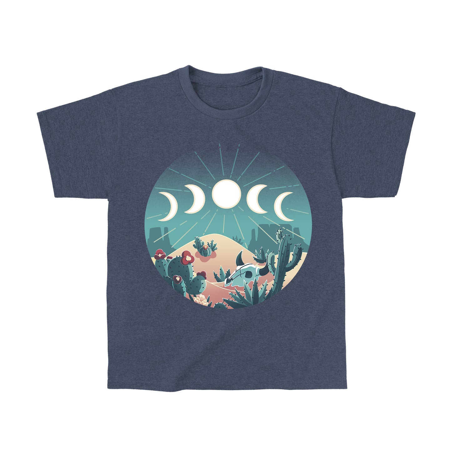 Classic Cotton T-shirt_TeeTurtle heather navy Desert Moons apparel featuring a desert landscape scene with different moon phases.